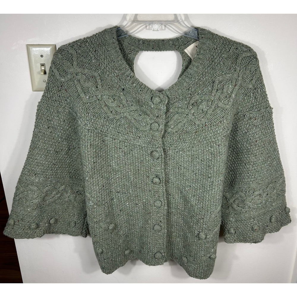 Far Away From Close Crossback Cardigan Womens L Sage Green Cable Knit Wool Blend